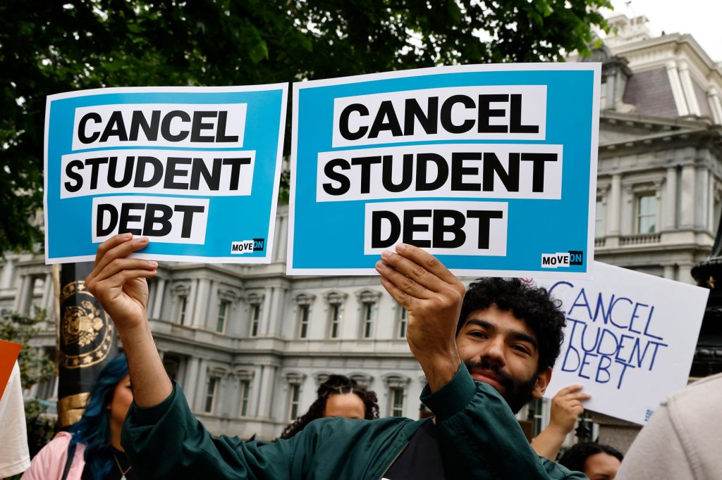 Student loan borrowers gather near the White House to urge President Joe Biden to cancel student debt